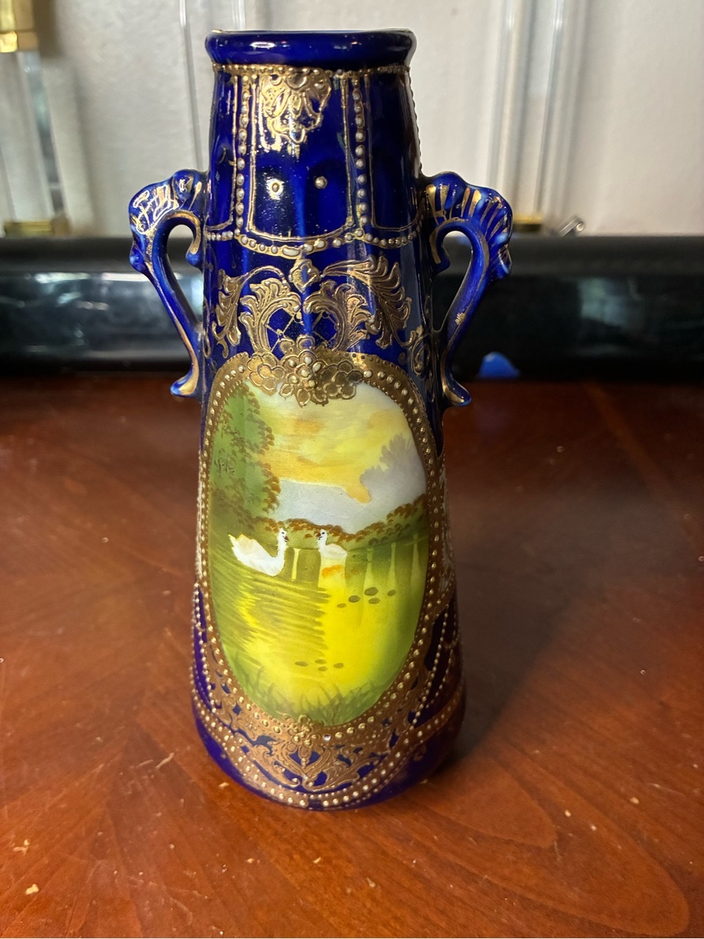 HAND PAINTED COBALT BLUE VASE SWANS HEAVY GOLD DECORATED